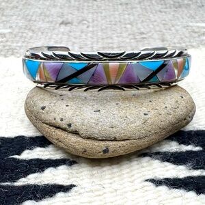 Native American Sterling Silver Turquoise Multi Stone Inlay Cuff Bracelet 6 7/8"